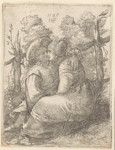 Love couple sitting in front of a fence, Hans Sebald Beham, 1526 Canvas Print