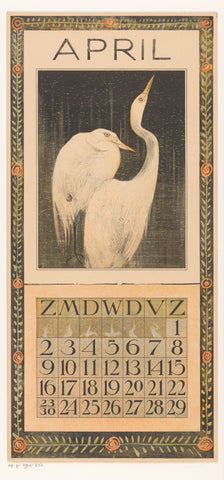 Calendar sheet April with egrets, Theo van Hoytema, 1904 Canvas Print