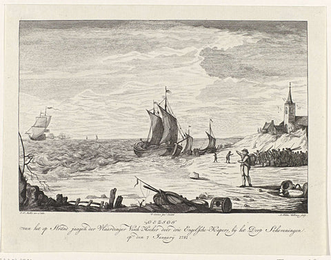 Vlaardinger hoeker hunted by the English on the beach, 1781, Arend Fokke Willemsz., 1781 Canvas Print