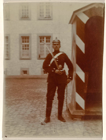 Nephew of the Wachenheimer family as corporal (Gefreiter) with saber and Pickelhaube during barracks guard in front of a guardhouse, an April 1910, anonymous, 1910 Canvas Print