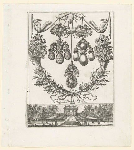 Cartouche with three jewels, at the bottom of the garden of the Castle of Ruel, Balthazar Moncornet, 1665 Canvas Print