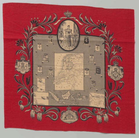 Commemorative handkerchief with ascension to the throne Queen Wilhelmina in 1898, anonymous, 1898 Canvas Print