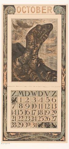 Calendar sheet October with iguana, Theo van Hoytema, 1905 Canvas Print