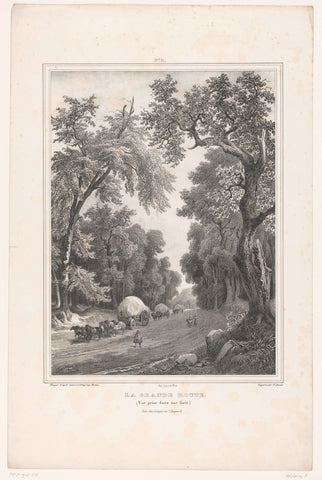 Carts with horses pull along a large forest road, Edouard Hostein, c. 1832 Canvas Print