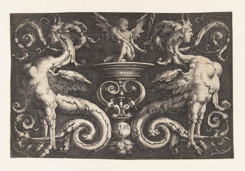 Ornament with two fantasy creatures and a winged man, Lucas van Leyden, 1528 Canvas Print