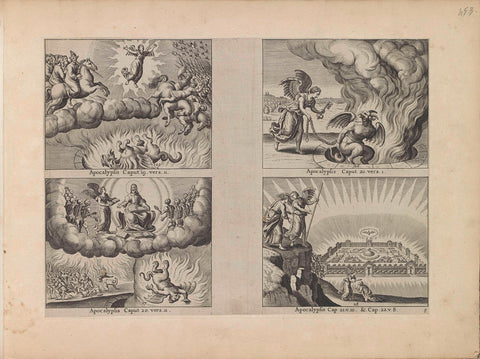 Battle between heavenly and earthly army / Angel chains Satan / Last Judgment and the devil cast into the lake of fire / Angel shows John the new Jerusalem, anonymous, 1643 Canvas Print