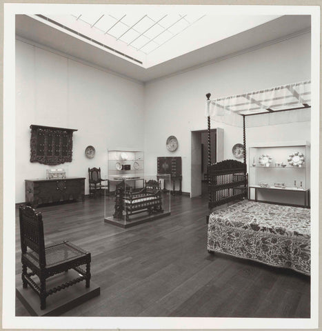 Room with furniture including cupboards, a cot and a swinging cradle, chairs, a room screen, mirrors and a passage, 1973 Canvas Print