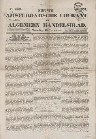 Nieuwe Amsterdamsche Courant and Algemeen Handelsblad of 24 December 1832, Gebroeders Diederichs, 1832 Canvas Print