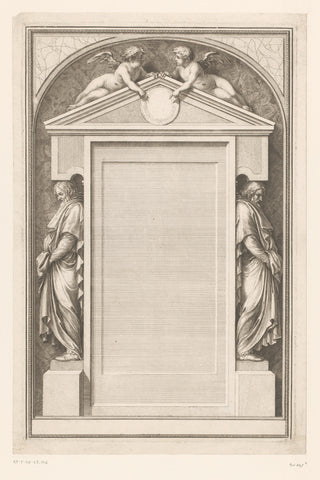 Titelprent met fronton geflankeerd door twee heiligen en twee putti, Sébastien Leclerc (I) (attributed to), 1647 - 1714 Canvas Print