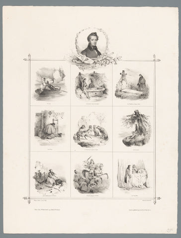 Portrait of Alphonse de Lamartine and nine representations from his 'Harmonies poétiques et religieuses' (1830), Victor Adam, 1835 Canvas Print