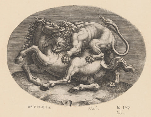 Horse attacked by a lion, Adamo Scultori, c. 1540 - c. 1585 Canvas Print