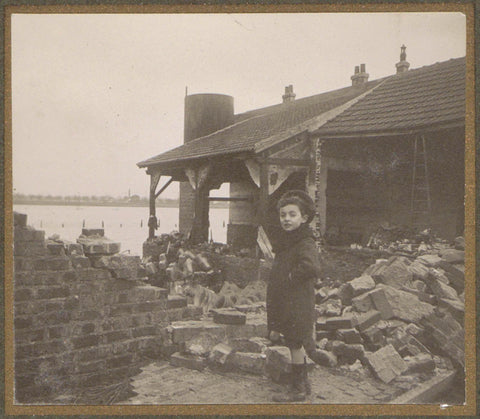 Child at a destroyed building in a flooded suburb of Paris, G. Dangereux, 1910 Canvas Print