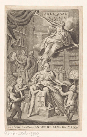 Minerva and scholars in library, anonymous, 1729 Canvas Print