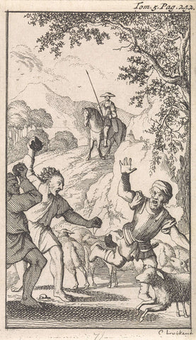 Sancho pelted by shepherds with stones, Caspar Luyken, 1696 Canvas Print