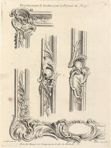 Two corners and fragments of the ornament border to a portrait, Gabriel Huquier, Juste Aurèle Meissonnier, 1738 - 1749 Canvas Print