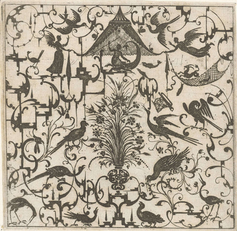 Schweifwerk with birds and vase with flowers in the middle, Esaias van Hulsen, 1617 Canvas Print