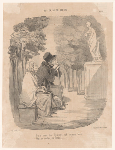 Old man and woman admire the Medici Venus in a park, Honoré Daumier, 1850 Canvas Print