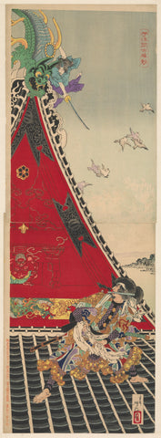 Fight on the roof between the two rivals Genpachi en Shino on the Hóryûkaku, Tsukioka Yoshitoshi, 1885 Canvas Print
