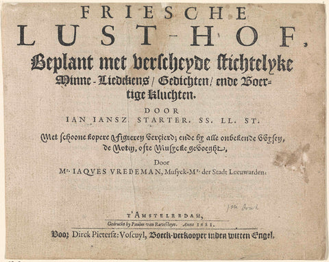 Title page for: Jan Jansz Starter, Friesche Lust-Hof, 1621, Paulus Aertsz. van Ravesteyn (attributed to workshop of), 1621 Canvas Print