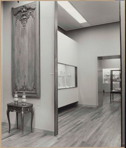 Room with paneling and table with vases, right view of room with ceramics, 1962 Canvas Print