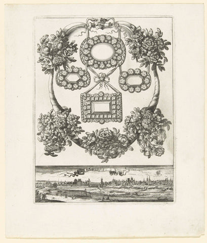 Cartouche with four brooches, down panorama of Paris, Balthazar Moncornet, 1665 Canvas Print