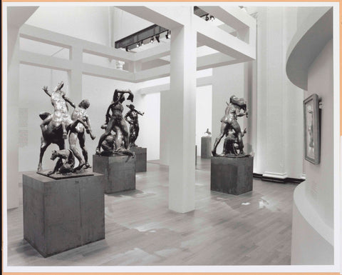 Room with four sculptures, in the background is the image of a horse visible, c. 1998 - c. 1999 Canvas Print