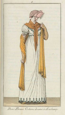 Elegantia, or magazine of fashion, luxury and taste for ladies, April 1807, No. 8: Demi Parure. Costume dessiné à Longchamp., anonymous, 1807 Canvas Print