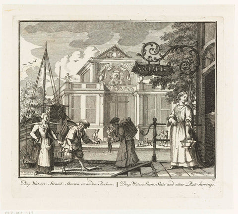 Fishmongers in front of the house of a notary, Adolf van der Laan, 1728 - 1761 Canvas Print