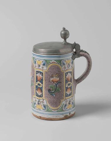 Beer mug with lid, painted with plant motifs, anonymous, c. 1730 - c. 1750 Canvas Print