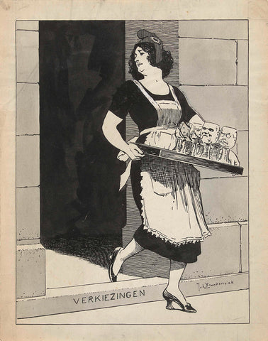 Design for illustration in De Amsterdammer: De Nederlandse Maagd als dienstmeid met een blad glazen struikelt over het afstapje Verkiezingen (17 May 1924), Johan Braakensiek, 1924 Canvas Print