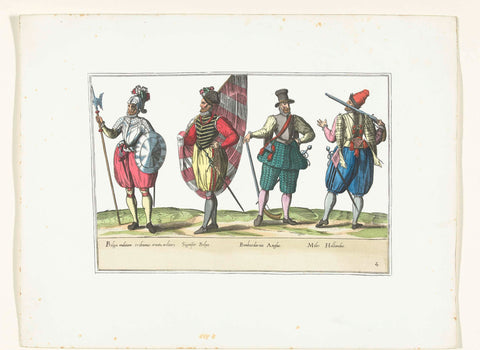 Four soldiers in uniforms according to fashion in the Netherlands and England, c. 1580, anonymous, 1872 - 1875 Canvas Print