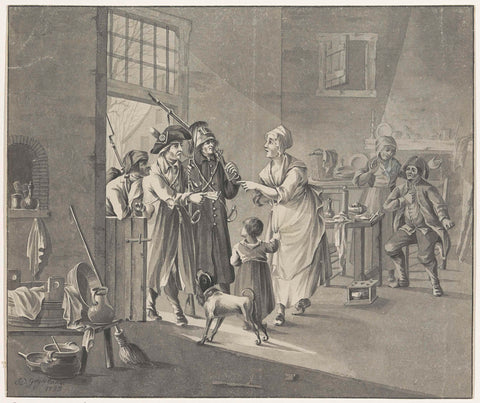 Drie Franse soldaten komen met een biljet van inkwartiering bij een Hollandse familie, 1795, Johan Daniël de Gijselaar, 1795 Canvas Print