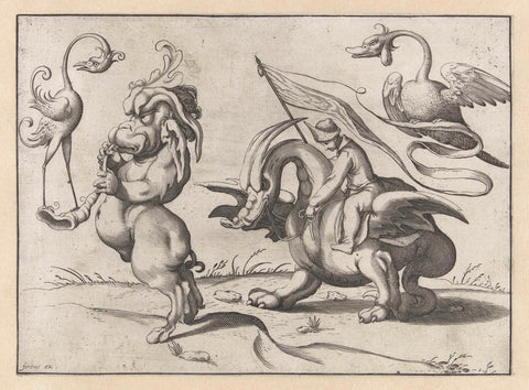 Monster with trumpet and species of crane, anonymous, c. 1604 - c. 1616 Canvas Print