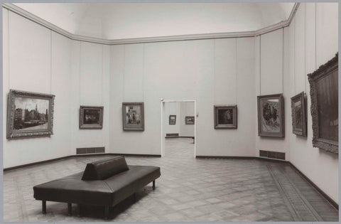 Room with seven paintings and a rectangular sofa, in the middle behind a passageway, 1990 Canvas Print