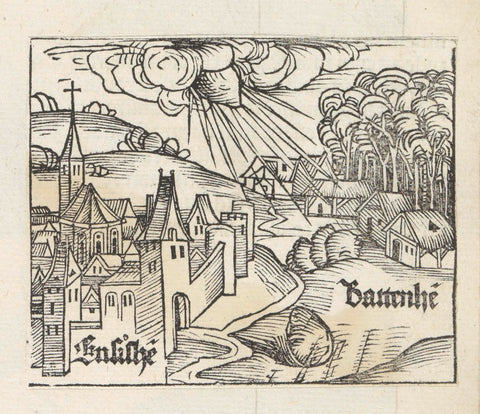 View of Ensisheim and Battenheim with meteorite impact, Michel Wolgemut (workshop or), 1493 Canvas Print