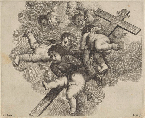 Cherubim carry a cross together, Wenceslaus Hollar (rejected attribution), 1625 - 1727 Canvas Print