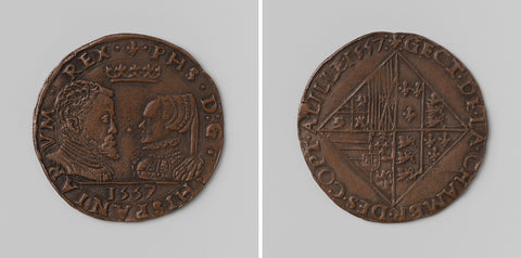 Philip II, King of Spain and Mary I, Queen of England, calculation medal of the Court of Auditors of Flanders in Lille, anonymous, 1557 Canvas Print