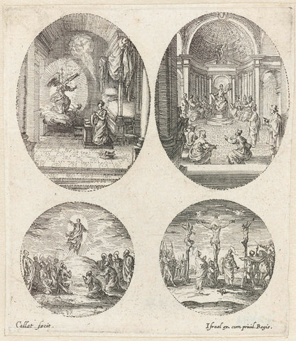 Two scenes from the life of Mary and two Passion Scenes: Annunciation, The Twelve-Year-Old Christ in the Temple, Transfiguration, Crucifixion, Jacques Callot, 1635 - 1661 Canvas Print