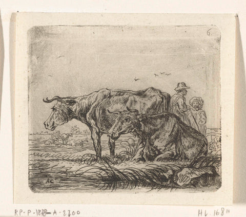 Two cows with a shepherd and a child, Ernst Willem Jan Bagelaar, 1814 Canvas Print