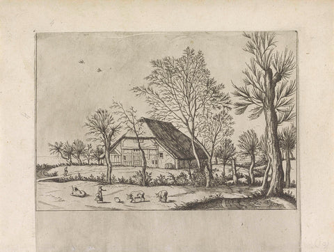 Farm with cows and milkmaid, Johannes or Lucas van Doetechum, 1559 - 1561 Canvas Print