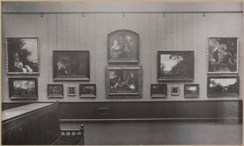 Room with paintings of the Utrecht school, including landscapes, and in the foreground a bench for visitors, c. 1900 - c. 1949 Canvas Print