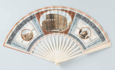 Folding range with goatskin leaf, on which with gouache the Colosseum, the thermal baths of Caracalla (l) and the Tomb of Caecilia Metella (r), on ivory frame, Camillo Buti, in or before 1787 Canvas Print