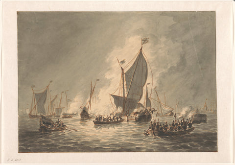 Destruction and burning by the WaterGeuzen of the Spanish ships at Den Briel, 1572, Hendrik Vettewinkel, 1832 Canvas Print