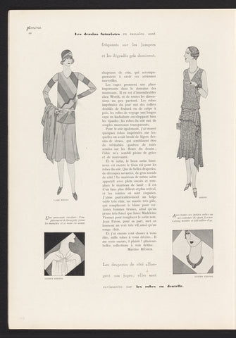 Femina, Mars 1928: 10: two standing women in dresses by Jane Régny and Goupy and two details of dresses by Lucien Lelong, anonymous, 1928 Canvas Print