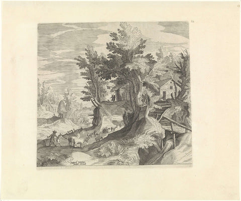 Landscape with two shepherds and a herd, Johann Sadeler (I), 1580 - 1600 Canvas Print