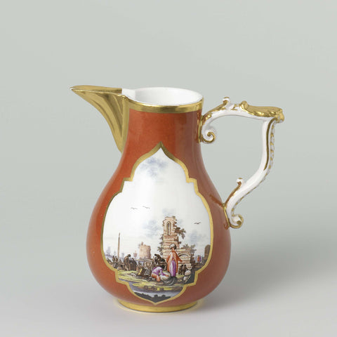 Milk jug, multicolored painted with water landscapes in recessed four steps in an orange-red ground, Meissener Porzellan Manufaktur, c. 1735 Canvas Print