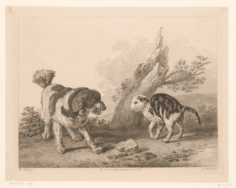 Dog and cat in fighting attitude opposite each other, Adam von Bartsch, 1809 Canvas Print