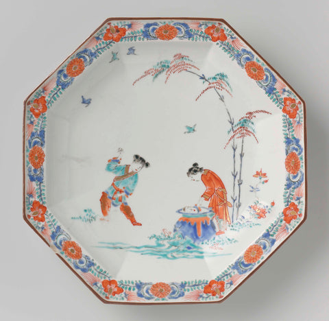 Octagonal plate with an image of Shiba Onko and floral scrolls, anonymous, c. 1670 Canvas Print