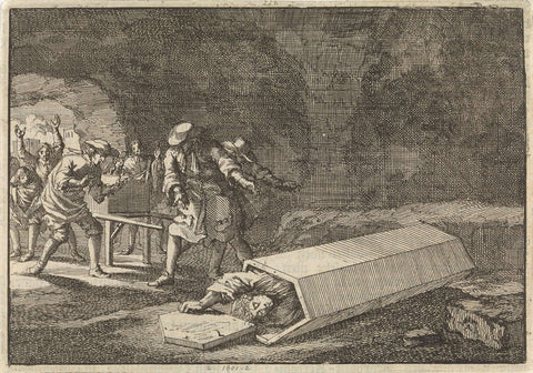 Funeral dines in Rome see that Antonio Marlini, whom they had buried in a vault a few days before, must have been suspended animation, 1696, Jan Luyken, 1698 Canvas Print