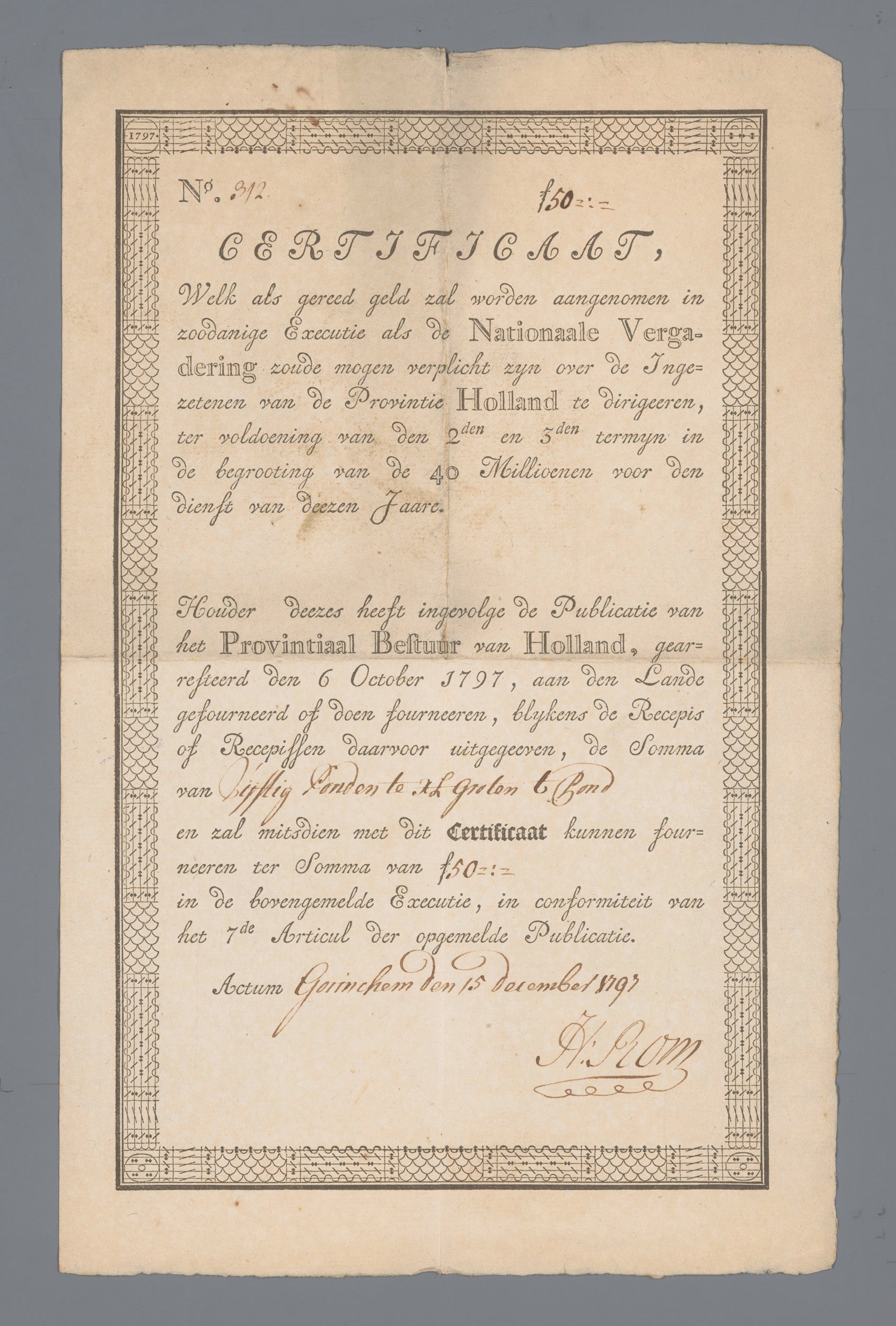 Certificate Worth Fifty Pounds, No. 312 Issued 